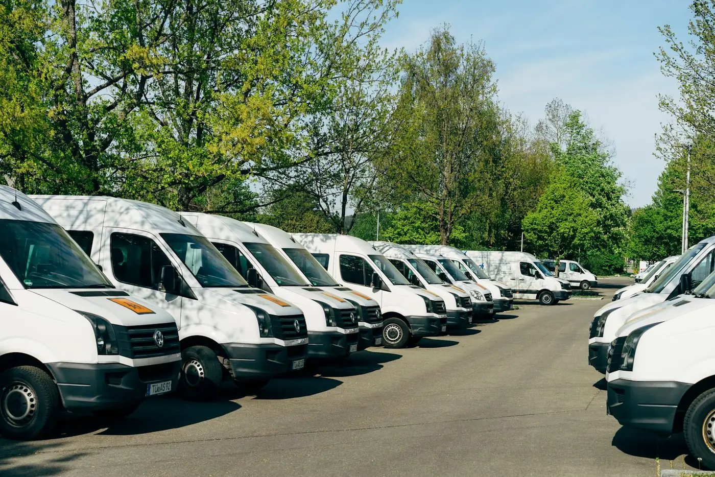 A row of parked white vans