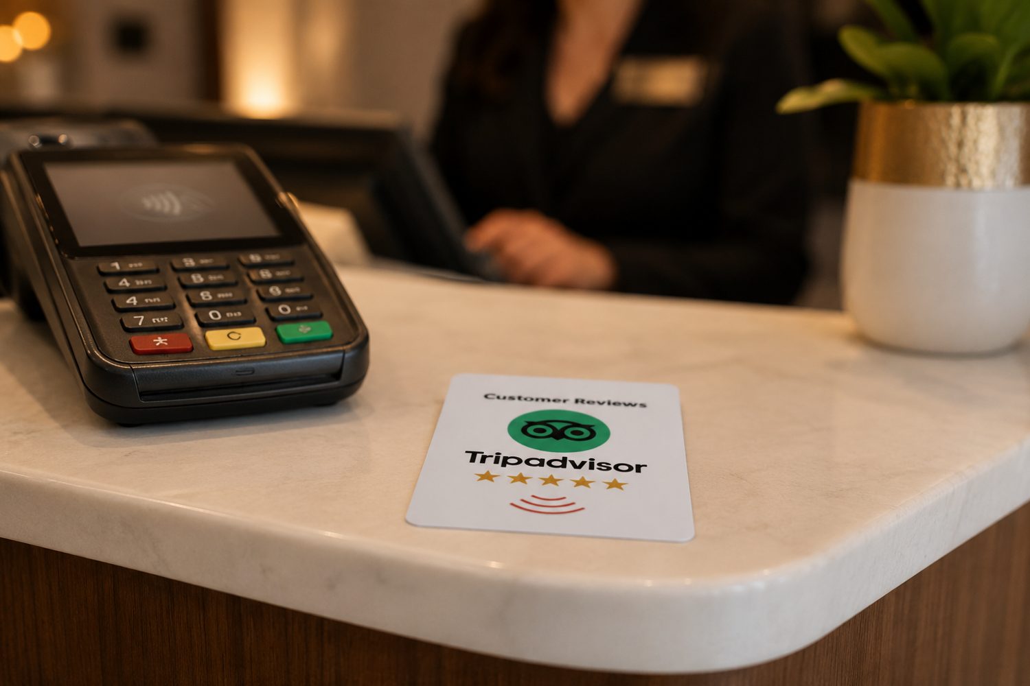 Tripadvisor review NFC card at a hotel reception