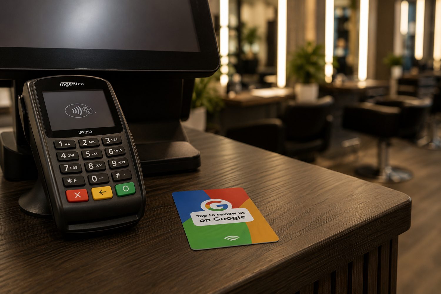 Multi-colour Google review NFC card in a salon
