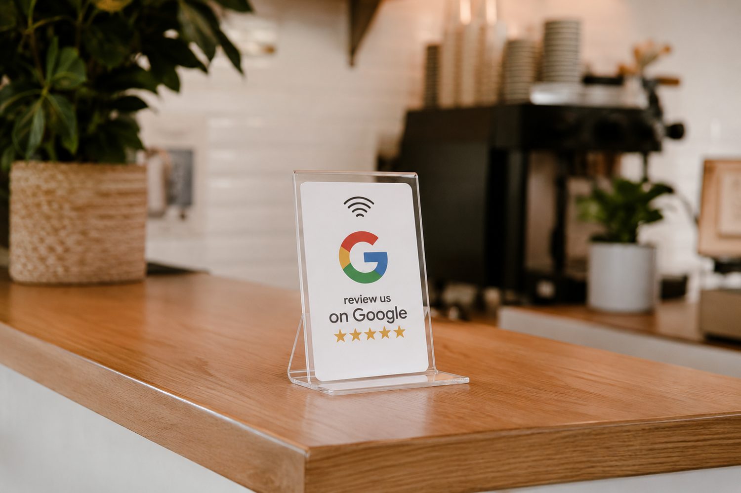 Acrylic display stand holding a review card on a counter
