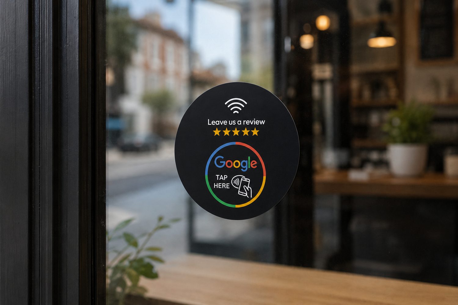 Google review NFC window tag on a shopfront